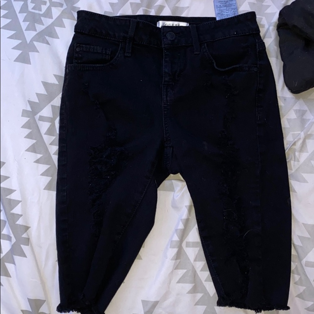 Black distressed denim shorts